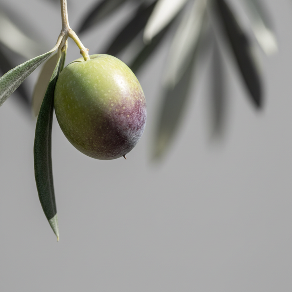 A close-up photographic detail of a single, ripe olive still attached to a slender olive branch, showing the subtle matte texture and varying shades of green with hints of purple. The olive is sharply in focus, set against a softly blurred background of olive leaves in muted, neutral gray tones. Soft, directional daylight from above creates sculpted highlights along the olive's surface and gentle shadows under the branch. The composition is uncluttered with ample negative space and follows a rule-of-thirds layout for visual harmony. The overall aesthetic is incredibly clean and modern, emphasizing beauty in detail and professionalism, perfectly suited for a specialty olive oil ecommerce site.