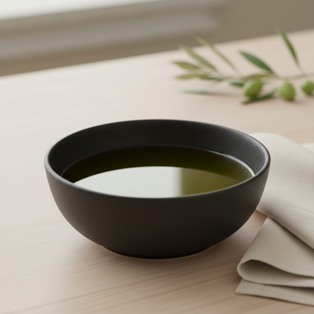 An elegant, matte-black ceramic bowl filled with freshly pressed olive oil, the rich, green-golden liquid gleaming under natural daylight. The bowl rests on a smooth, pale wooden surface with a folded ivory linen napkin beside it. Soft, diffused overcast light from above gently illuminates the bowl and oil, accentuating their textures while casting faint, crisp-edged shadows. The background is minimalist and neutral, with only the gentle hint of an olive branch's silhouette. Shot from a close, slightly elevated perspective with a shallow depth of field, the mood is calm, refined, and inviting, in line with a professional, clean photographic style tailored to a premium olive oil brand.