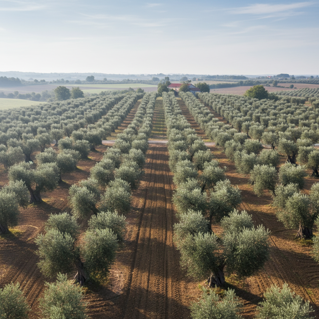 An expansive olive grove in the rolling hills of Slovenian Istria, each row of mature olive trees neatly ordered and spaced, their silver-green leaves sharply defined. The camera is positioned from a slightly elevated angle, showcasing the tidy geometric layout of the olive orchard stretching into the distance. Early morning light bathes the trees in a soft, neutral glow, enhancing the texture of the bark and the glossy foliage while casting long, gentle shadows on the tilled brown earth. The composition uses leading lines and a balanced modern aesthetic, presenting a tranquil and professional atmosphere that complements a corporate, photographic site design.
