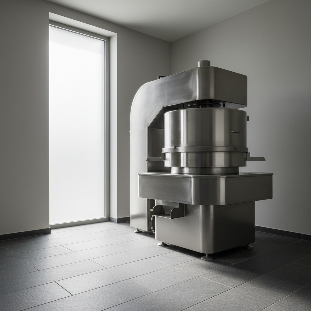 A pristine stainless steel torklja (olive press), its smooth metallic surfaces highly polished and spotlessly clean, catching geometric highlights. The press is centrally framed in a minimalist, industrial-style processing room with neutral light-gray walls and slate flooring. Daylight streams in through a tall, frosted window to the side, creating subtle, soft shadows that define the machinery's form without harsh contrasts. The structured composition emphasizes clean lines and orderly arrangement, captured from a low, slightly off-center angle to give a dynamic, professional feel. The style is photographic realism with a corporate, clean, and highly professional ambiance, underlining the precision and care in the production process.