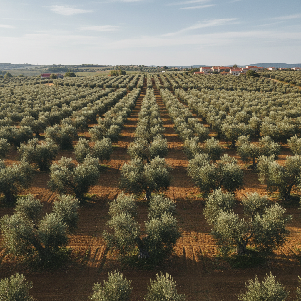 An expansive olive grove in the rolling hills of Slovenian Istria, each row of mature olive trees neatly ordered and spaced, their silver-green leaves sharply defined. The camera is positioned from a slightly elevated angle, showcasing the tidy geometric layout of the olive orchard stretching into the distance. Early morning light bathes the trees in a soft, neutral glow, enhancing the texture of the bark and the glossy foliage while casting long, gentle shadows on the tilled brown earth. The composition uses leading lines and a balanced modern aesthetic, presenting a tranquil and professional atmosphere that complements a corporate, photographic site design.