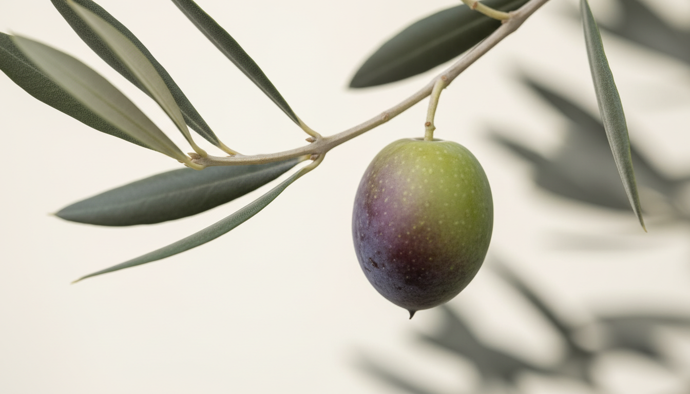 A close-up photographic detail of a single, ripe olive still attached to a slender olive branch, showing the subtle matte texture and varying shades of green with hints of purple. The olive is sharply in focus, set against a softly blurred background of olive leaves in muted, neutral gray tones. Soft, directional daylight from above creates sculpted highlights along the olive's surface and gentle shadows under the branch. The composition is uncluttered with ample negative space and follows a rule-of-thirds layout for visual harmony. The overall aesthetic is incredibly clean and modern, emphasizing beauty in detail and professionalism, perfectly suited for a specialty olive oil ecommerce site.